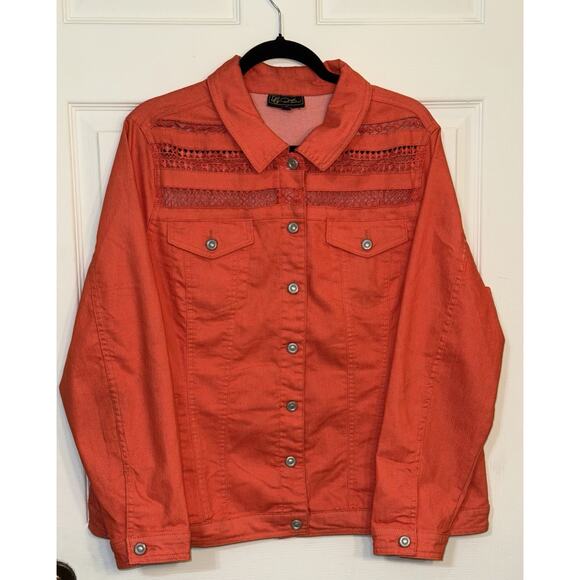 Women’s DG2 Diane Gilman Stretch Crochet Trim Denim Jacket Orange Plus Size 1X - Picture 1 of 6